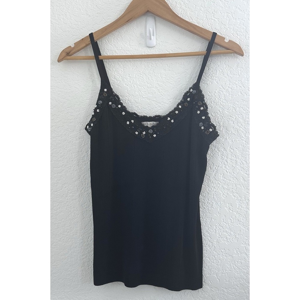 Yuka Black Ribbed Knit Bandage Camisole Lace Floral Beaded V-Neck Top T2